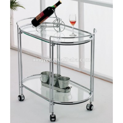 Modern living room hotel restaurant wine food trolley cart furniture chrome steel frame tempered glass oval tea trolley