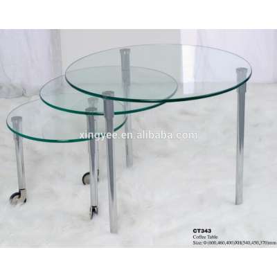 Modern living room rotating furniture homes chromed steel round glass nest of tables 3-piece swivel nesting side coffee table